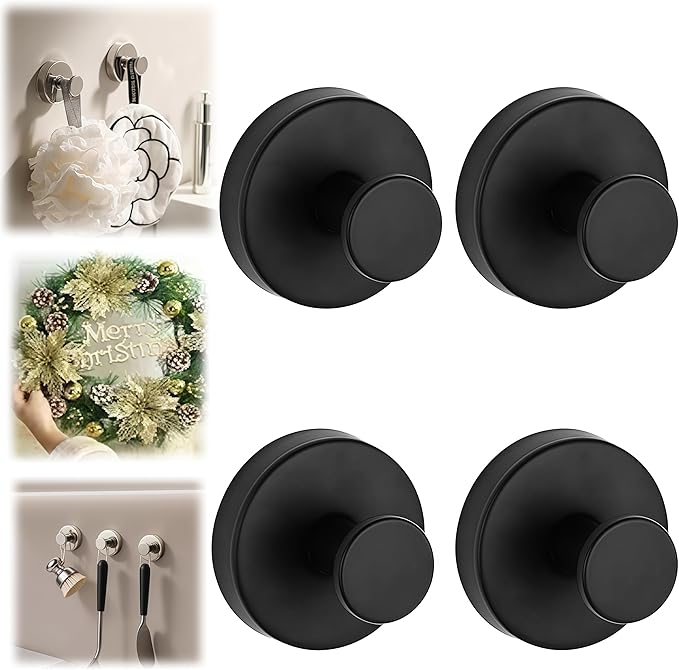 Suction Cup Hooks for Wreaths on Glass, Suction Cup Hooks for Inside Shower, Wreath Hangers for Front Doors, Metal Towel Hooks for Showers Bathrooms Mirrors (4, Black)
