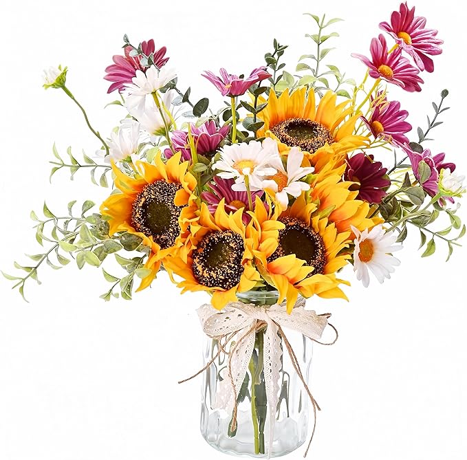 Artificial Faux Flowers in Vase for Home, Fake Flowers Arrangment with Pot, Sunflower Silk Daisy Bouquet for Fall Spring & Summer Decor Coffee Table Dinning Room Kitchen Centerpiece Table Decorations