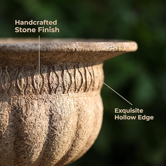 Vintage Urn Planter with Embossed Pattern, Imitation Stone Finish Flower Pot, Distressed Classic Plant Pot for Outdoor Indoor Home Garden Patio Front Porch Entryway（14.8 * 12 in）