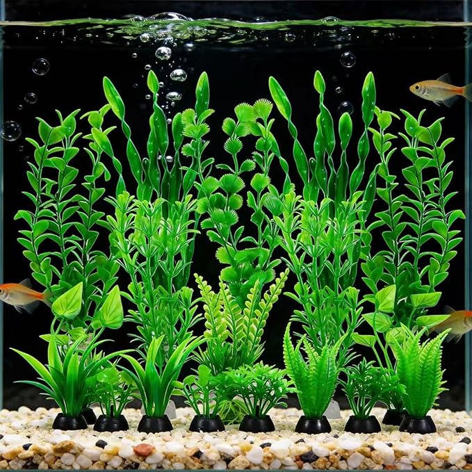 Artificial Aquarium Plants Set, Plastic Fish Tank Decorations, Fish Tank Decor for Betta Goldfish (18pcs-Green)