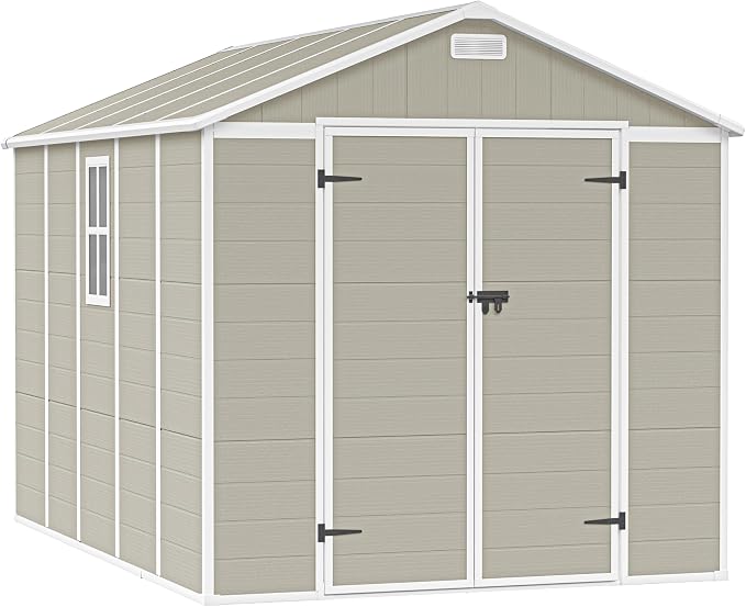 UDPATIO Resin Storage Shed 8 x 8 FT, Outdoor Garden Sheds with Floor Plastic Patio Outdoor Storage Shed with Lockable Door, Sandstone