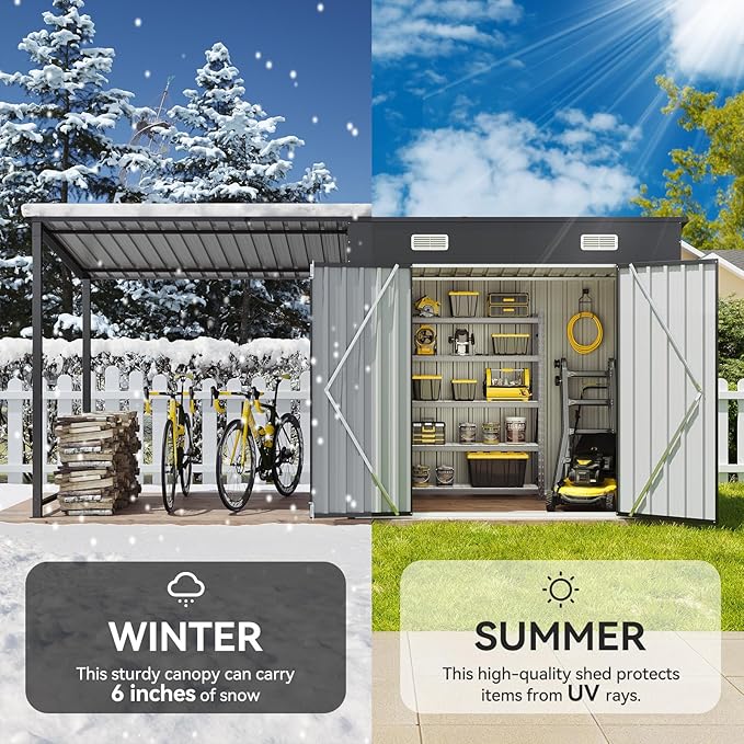 Aoxun 6x4FT Outdoor Storage Shed & Hardtop Gazebo Combo with Solar String Lights, 12x4FT Metal Lean to Shed with Pergola, 2-in-1 Durable Garden Tool Shed for Patio, Backyard, Deck