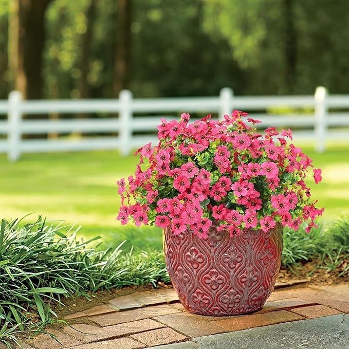 ATTGREAT Artificial Flowers Outdoor Faux Plants UV Resistant Fake Patio Flowers Plastic Greenery Plnats Outside Bulk for Spring Garden Hanging Planter Home Vase Decor, 24 Bundles (Rose Red)