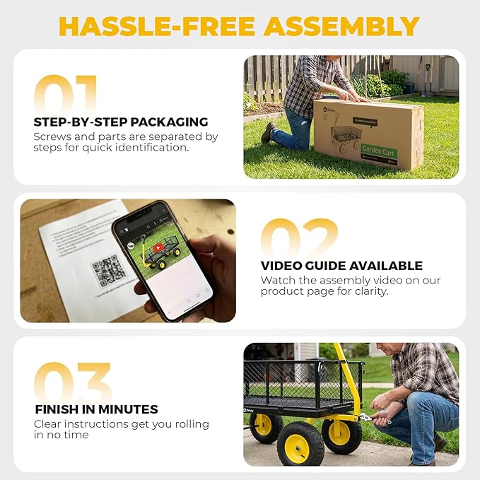 Sekey 1400lbs Heavy Duty Steel Garden Cart for Farm & Construction, 7.7 Cu.Ft. Extra-Large Utility Wagon with Removable Sides, 2-in-1 Towable Handle, 13" Rubber Tires, Black