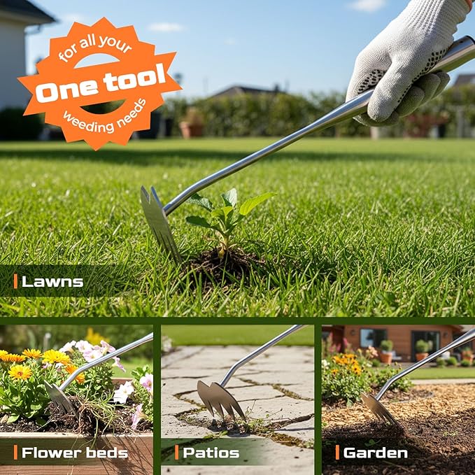 LOOHOI Upgraded Weed Puller Tool, 4-Tooth Stainless Steel Manual Weeder, Garden Weed Remover Tool for Vegetable Gardening Backyard Farm Planting & Weeding