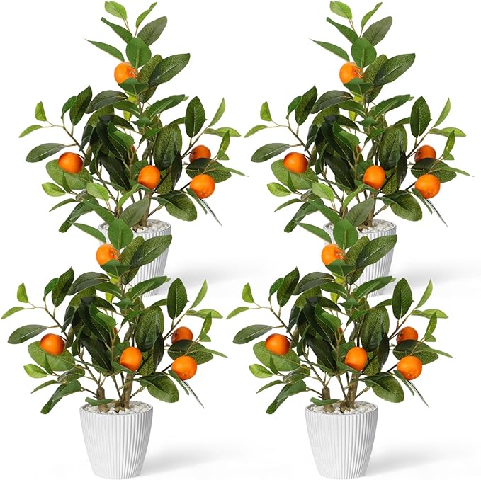 Suncalla 4 Pack Artificial Orange Potted Plants 19.7 Inches Fake Orange Tree Simulation Realistic Fruit Plant with Pot Faux Tree Indoor Decoration for Home Office Living Room Table Desk