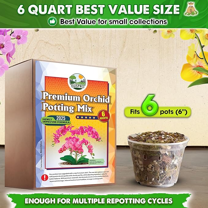 [Upgraded] DUSPRO Orchid Potting Mix for Repotting with Forest Moss, Pine Bark, Perlite & Pumice Natural Ingredients, Orchid Bark Potting Mix, Orchid Repotting Kit Drainage Indoor Potting Medium 6QT