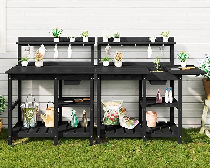 SERWALL Outdoor Potting Bench 2-Piece Set, Rot-Resistant HDPE Potting Table with Removable Sink for Outside Gardening, All-Weather Use - Black