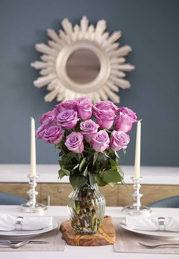 KaBloom - Bouquet of 18 Fresh Purple Roses (Farm-Fresh, Long-Stem) with Vase - Fresh Flowers for Birthday, Valentine's & Mother's Day