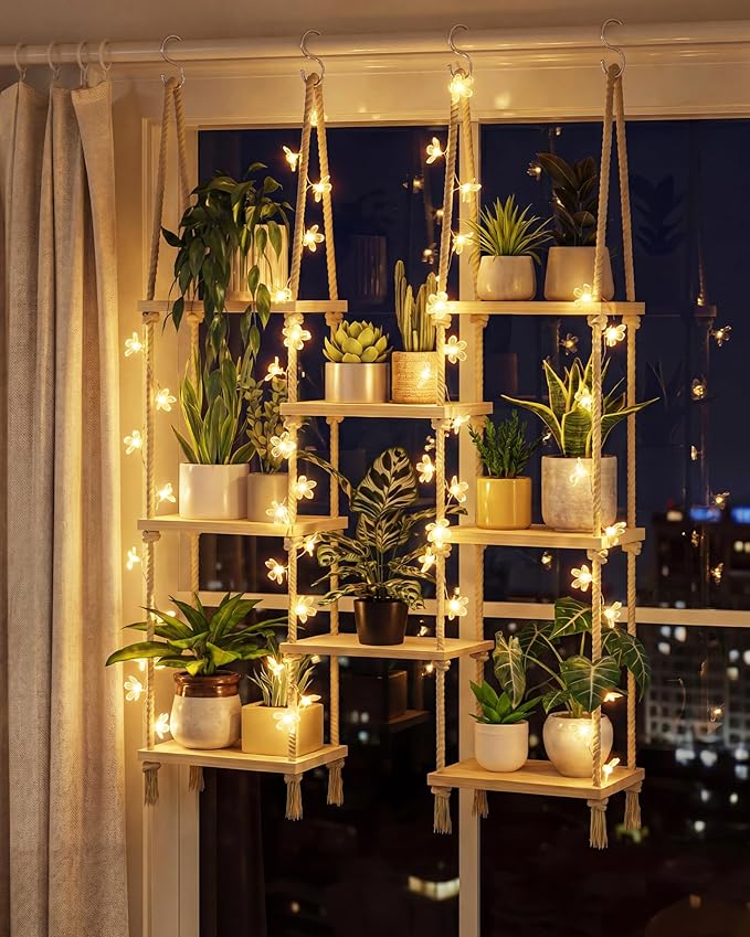Bamworld Hanging Shelves 8Tiers with Light Plant Hanger Indoor Window Plant Shelves Wood Plant Wall Shelf Window Sill Plant Shelf Indoor Hanging Plant Stand Living Room Decor Garden Boho Decor