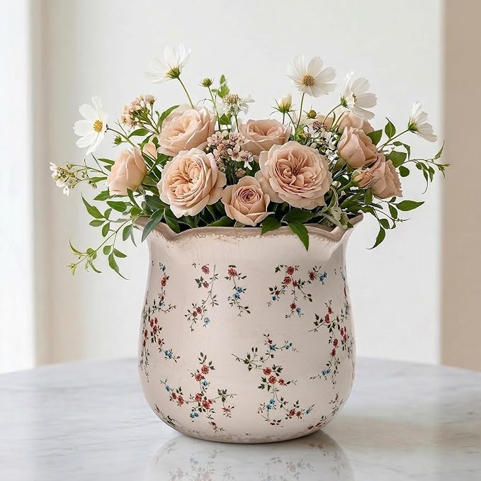 Vintage Ceramic Planter Pot with Drainage Holes, Green Floral Design, 6.11 Inch, Distressed Tuscan Style, Indoor Plant Pot and Vase (Small Red Blooms)