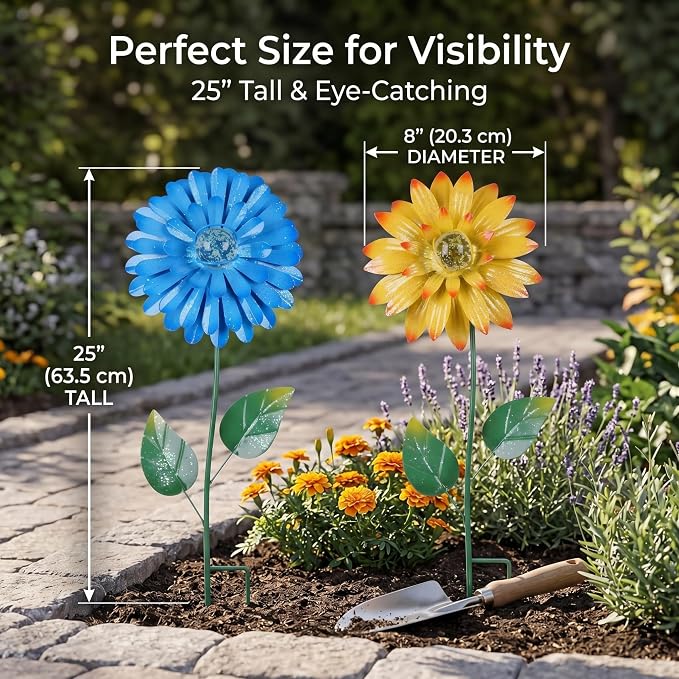 Topadorn Glow in The Dark Flower Garden Stakes – Set of 2, 25" Metal Light-Up Yard Decor with Swaying Flower Design, Outdoor Garden & Pathway Decoration