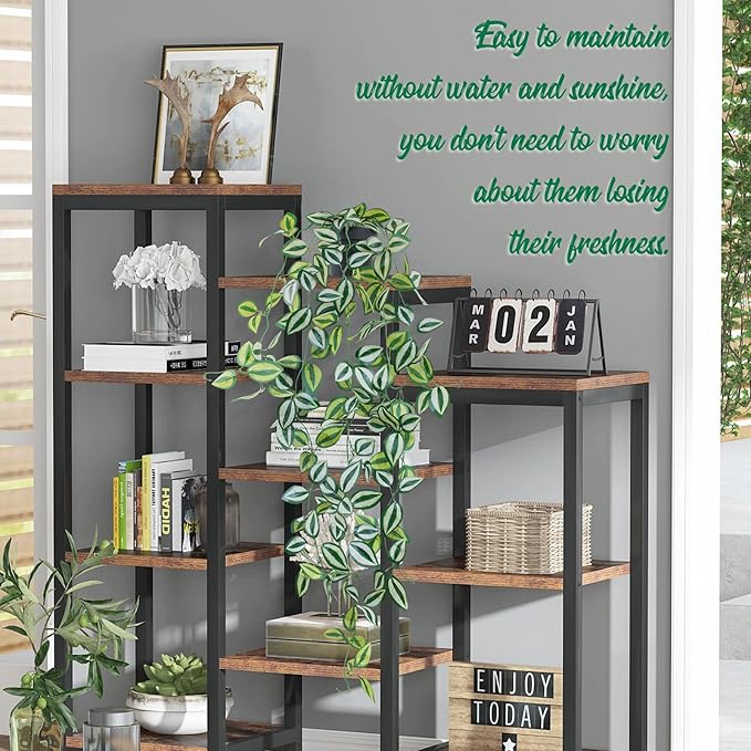 LOYWREE 2 Pack Fake Hanging Plants - Small Potted Plants with Green Eyebrow-Leaf Trailing Vines, Indoor Outdoor Aesthetic Decor for Office, Living Room Shelf & Home Accent (Black Pot)