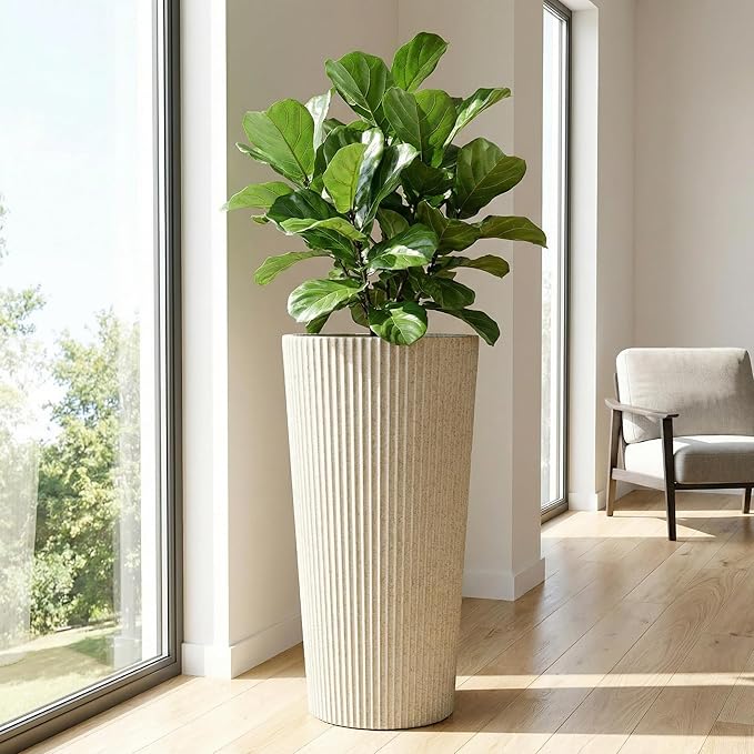 23.6" H Tall Planters for Outdoor Plants, 2 Pack Large Outdoor Planters for Front Porch Decor with Drainage Hole, Plastic Striped Flower Pots Fits Indoor Plants Patio Garden, Black