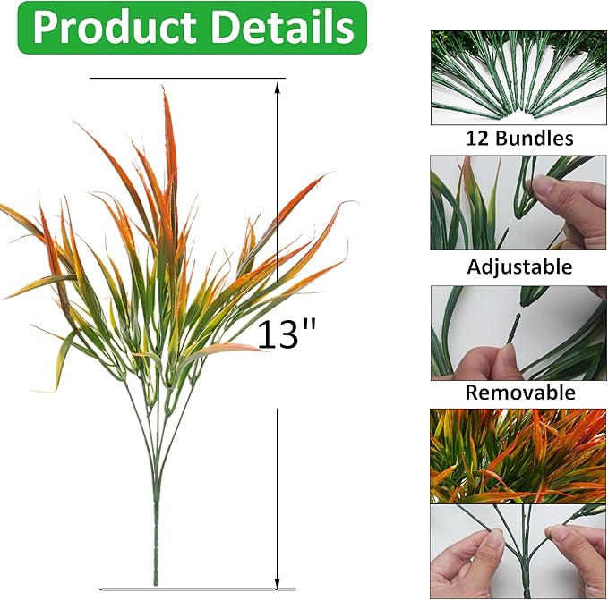 12 Bundles Fake Fall Outdoor Plants Artificial Grass Fall Stems Faux Plastic Fall Shrubs for Home Garden Pathway Window Box Front Porch Cemetery Fall Decor, Autumn Orange