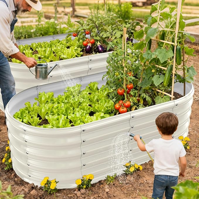 YSEJOMP 17" Tall Outdoor Garden Raised Garden Bed Kits, 4ft X 2ft Oval,0.8MM Thick Metal Raised Planter Bed/Ground Planter Box for Variety of Flowers,Herbs,Vegetables (Cream White, 48X24X16.5 Inches)