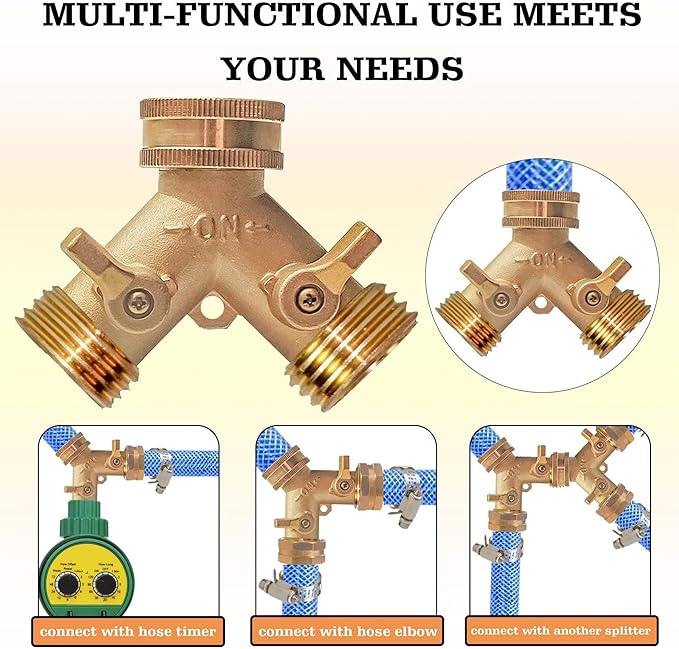 Hourleey 2 Way Hose Splitter, 3/4" Brass Hose Y Splitter with 2 PCS Garden Hose Extension Hose Coiled Spring Protectors and 6 Rubber Washers
