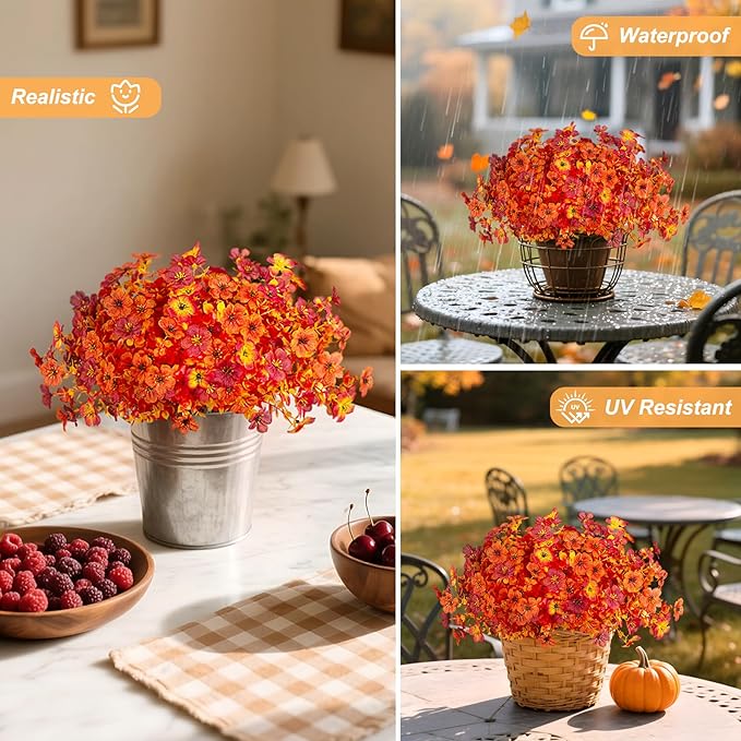 INXUGAO Artificial Fake Mums Fall Flowers for Outdoor Outside Decoration 12 Bundles Faux Silk Flowers Plants Realistic Daisy UV Resistant Fall Décor Autumn Front Door Porch Patio Yard Decoration