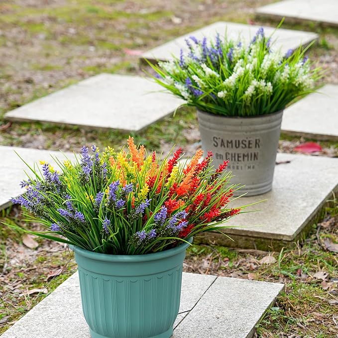 20 Bundles Artificial Plants Outdoor, UV Resistant Fake Flowers， Realistic Faux Lavender Shrubs for Porch Garden Window Box Home Decoration (Rosy)