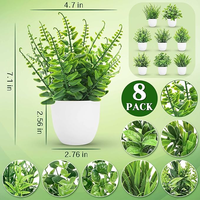 Der Rose 8 Pack Fake Plants Small Artificial Faux Potted Plants for Home Office Farmhouse Bathroom Bedroom Decor Indoor