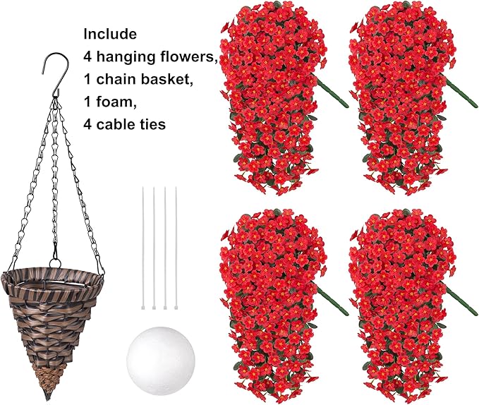 Artificial Hanging Flowers with Baskets for Decor, Fake Silk Red Hanging Daisy Orchid Flowers Plants, Faux Flower Centerpieces for Home Indoor Outdoor Garden Patio
