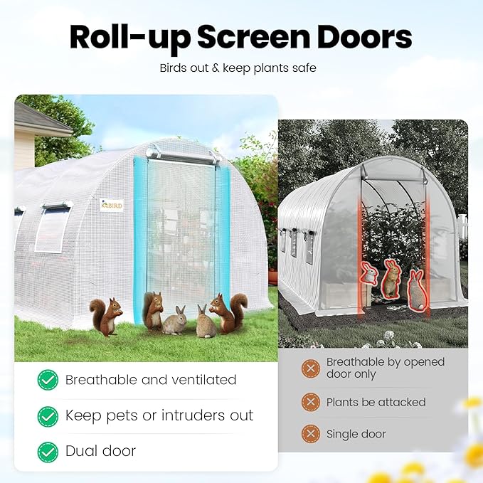 KING BIRD Premium 25x10x6.6FT Greenhouse for Outdoors, Large Walk-in Upgraded Galvanized Metal Frame, Mesh Door Screen Window Improved Zipper Tunnel Hoop for Garden Plant Winter, 2 Stiffeners, White