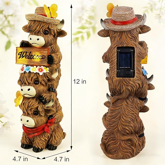 Glintoper Solar Garden Highland Cow Statue, 12" Outdoor Spring Decoration Lighted Triple Stacked Resin Cow Whimsical Yard Art, Birthday Mothers Day Ideal Gifts, for Summer Porch Pathway Patio Lawn