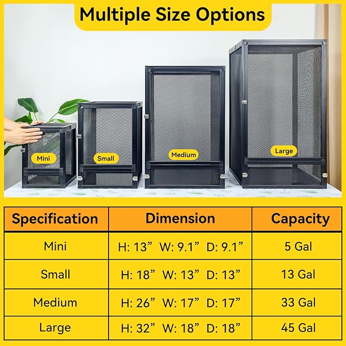 RunDuck 33 Gallon 360° Panoramic Foldable Reptile Terrarium Kit: Crested Gecko Tank and Reptile Cage for Superior Ventilation, Easy Feeding, Sturdiness, and Simple Assembly (Black, 26"x17"x17")