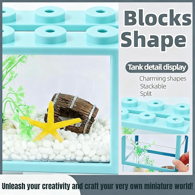 Small Betta Fish Tank, Stackable Mini Fish Tank Tiny Aquarium Kit with Aquarium Gravel & Resin Decorations, 0.6 Gallon Cube Desktop Fishbowl for Snails, Crabs, Starfish (Light Blue)