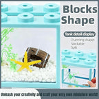 Small Betta Fish Tank, Stackable Mini Fish Tank Tiny Aquarium Kit with Aquarium Gravel & Resin Decorations, 0.6 Gallon Cube Desktop Fishbowl for Snails, Crabs, Starfish (Light Blue)