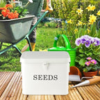 Seed Storage Organizer, T-Shape Compartment Seed Box with Safety Lock, Metal Seed Saving Box, Portable Seed Bin Container with Handle, Including 2 Pens 20 Plant Labels 50 Seed Envelopes-White
