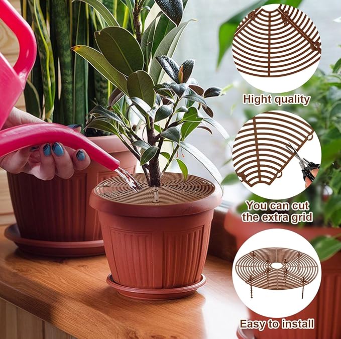 YGAOHF Soil Cover for Indoor Plants, 2 Pcs 20.8" and 3 Pcs 11.8" Plant Pot Grid Cover Protectors from Animals with Stakes, Plastic Cuttable Flower Cover for Cat Digging Stopper, Baby Safety, Brown