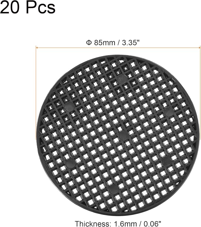 MECCANIXITY Flower Pot Hole Mesh Pad 3.3 Inch Bonsai Plant Bottom Round Plastic Soil Grid Screen Mat, Black Pack of 20