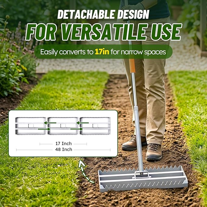 Lawn Leveling Rake 2.0, 2-in-1 Double-Sided Landscape Leveler with 20 Marking Flags for Low Spot, Heavy Duty Stainless Steel Flat & Serrated Side for Soil Sand Gravel, Yard Garden Golf Course 48"×10”