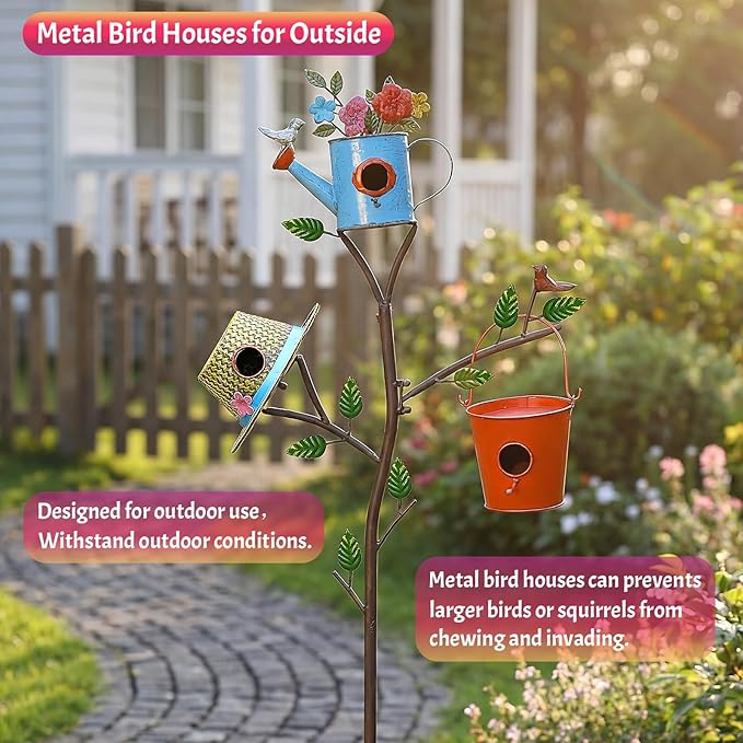 3-in-1 Bird House with Pole for Outside, Multi-Colored Metal Bird Houses for Outside, Durable Colorful Birdhouse on Stake for Bluebirds, Squirrel Proof with Easy-Clean Rear Doors, Garden Decor