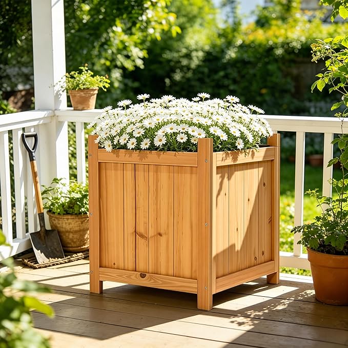 Set of 2 Fir Wood Square Planter Boxes, 18" Extra Large Outdoor Flower Box with Removable Drainage Base & Non-Woven Liner, Rustic Wooden Planters for Patio Garden Balcony, Wood Bucket Planter