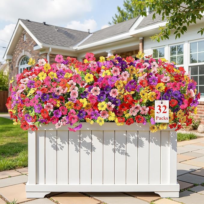 Alupssuc 32 Bundles Artificial Flowers for Outdoors Decoration, UV Resistant Silk Faux Floral Spring Fake Plastic Plants Greenery for Outside Indoor Patio Porch Window Box Home Decor, Mix 6 Colors