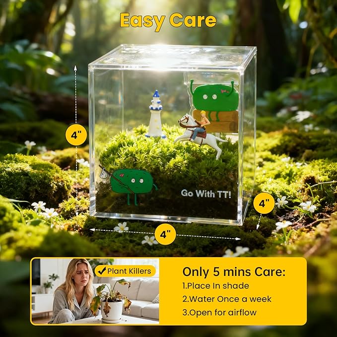 DIY Moss Terrarium Kit, 4 * 4 * 4 inch Acrylic Cube Mini Garden with Live Star Moss, Soil, Free Spirit-Craft Kit for Adults and Teens, Relaxing Desk Decor & Unique Gift for Home or Office