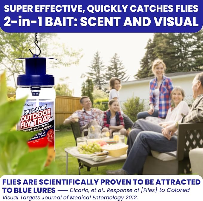 2 Fly Traps Outdoor Fly Trap for Patio with 4 Non-Toxic Dissolvable Bait Refills. Reusable Hanging Bug Catcher Killer for All Filth Flies for Outside Bug Control Yard Ranch. Hanging Chains Included.