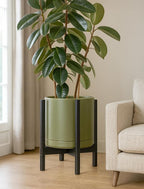 D'vine Dev Ceramic Planter with Ebony Stand - 12 Inch Modern Round Flower Pot with Wood Planter Holder, Olive, 55-B-H-J