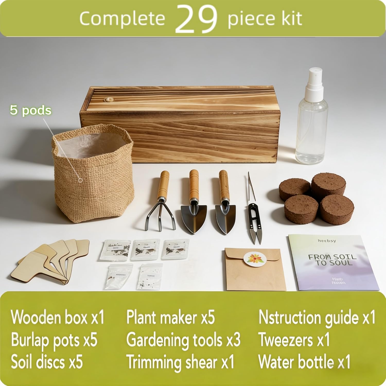 5 Herb Garden Kit with Wooden Box - Including Basil, Thyme, Parsley, Rosemary, Mint - Windowsill Herb Garden for Kitchen, Gardening Gifts for Mom Women, Men, Gift Ideas for Birthday, Housewarming