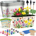 6 Sets Flower Pot Painting Kit DIY 6 Large Spring Metal Iron Plant Pots with Acrylic Paint Stickers Brushes Plant Labels Gardening Tools Kit for Planting Crafts Spring Birthday Easter Gift