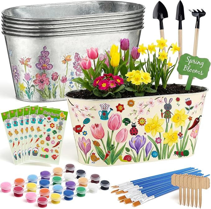 6 Sets Flower Pot Painting Kit DIY 6 Large Spring Metal Iron Plant Pots with Acrylic Paint Stickers Brushes Plant Labels Gardening Tools Kit for Planting Crafts Spring Birthday Easter Gift