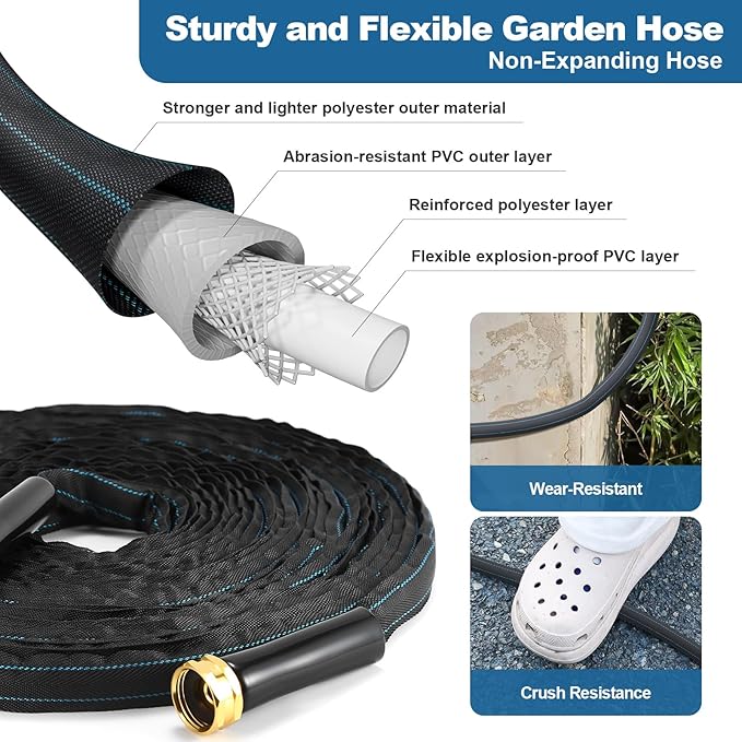 Garden Hose 50ft Lightweight, Non-Expanding, Leak-Proof Metal Connector, No-Knot No-Tangle, Easy to Store and Carry, Wear-Resistant, 3/4GHT Flexible Water Hose, Hose for Yard, Garden, Outdoor