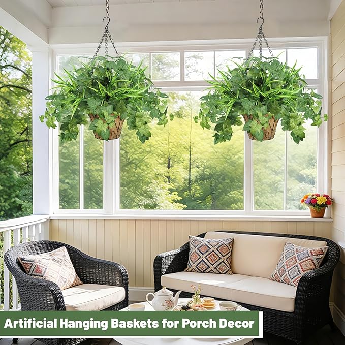 Artificial Hanging Plants with Basket, 5 PCS UV Resistant Fake Outdoor Greenery, Faux Grape Leaves for Home Garden Patio Front Porch Yard Decor