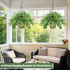 Artificial Hanging Plants with Basket, 5 PCS UV Resistant Fake Outdoor Greenery, Faux Grape Leaves for Home Garden Patio Front Porch Yard Decor