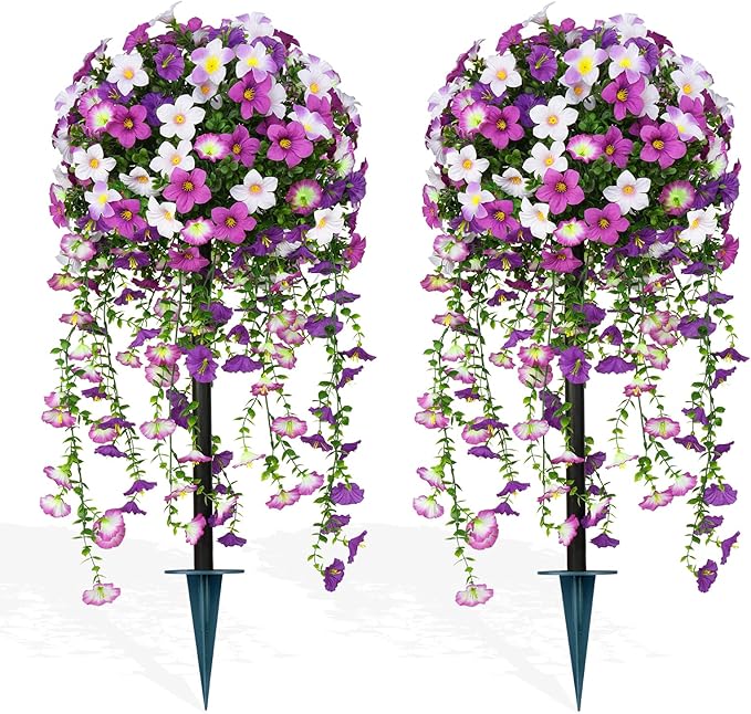 Grooy Artificial Plants Flowers Topiary Ball for Outdoor, 2 Pack Fake Purple Silk Morning Glory Plant Bushes, UV Resistant Realistic Plants Shurbs for Outside,Front Porch,Patio,Yard