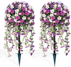 Grooy Artificial Plants Flowers Topiary Ball for Outdoor, 2 Pack Fake Purple Silk Morning Glory Plant Bushes, UV Resistant Realistic Plants Shurbs for Outside,Front Porch,Patio,Yard