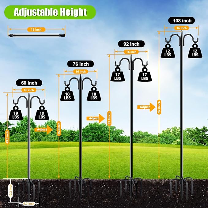 Gtongoko Double Shepherds Hook for Outdoor, 108 Inch Heavy Duty Bird Feeder Pole 3/4 Inch Thick Garden Hooks for Hanging Hummingbird Feeder, Plant Baskets, Solar Light Lanterns, 1 Pack
