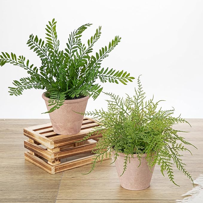 2 Pack Artificial Fern Potted Plant, Fake Plants in Pot, Small Faux Fern Plant for Home Office Farmhouse Living Room Bathroom Kitchen Tabletop Desk Shelf Decoration